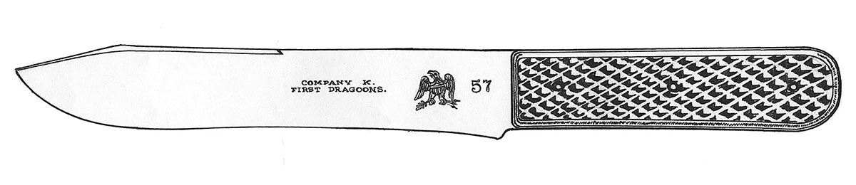 This is a line drawing to more clearly illustrate the stampings on the blade and the construction of the pewter grip. The markings suggest that this belt knife was government issue, and the number “57” is possibly the individual soldier’s number on the company roster. The knife was made sometime between 1836 and 1861, and the total production numbers are unknown. Drawing by John Miller.